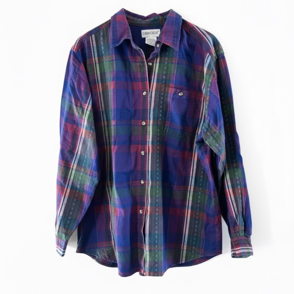 Vintage Cabin Creek Plaid Button Up Shirt Purple Green 100% Cotton Size XL